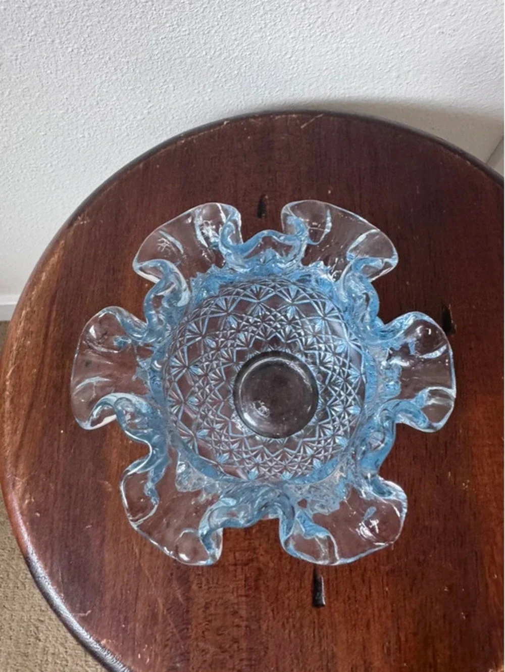 Vintage Fenton Blue Daisy & Button Ruffled Rose Bowl Art Glass Vase USA